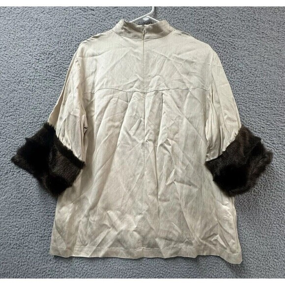 Zara Women Shirt Womens XL Beige cream Blouse Fur Cuffs Mock Neck Back Zipper - Picture 8 of 10